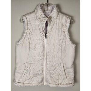 Original Nicole Miller Womens L Puffer Quilted Vest Cream Sherpa Lined Zip Front